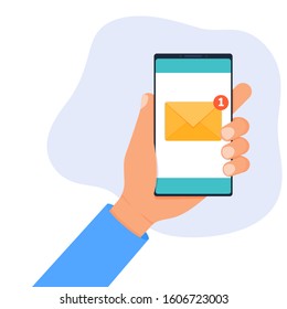 Human hand hold smartphone with new unread inbox email message notification on the screen. Flat cartoon style vector illustration.