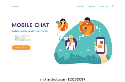 Human hand hold a smartphone and sending messages to friends. Flat concept vector website template and landing page design of mobile chat and text conversations