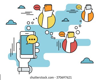 Human hand hold a smartphone and sending messages to friends via messenger app. Flat line contour illustration of message chatting via smartphone app