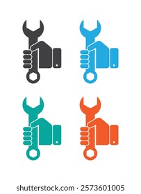 human hand hold spanner wrench work tool icon