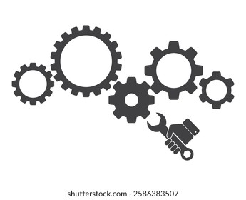 human hand hold spanner wrench work tool with cogwheel gear machanism icon