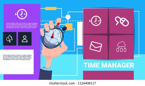 human hand hold stopwatch time manager shedule presentation interface concept support copy space vector illustration