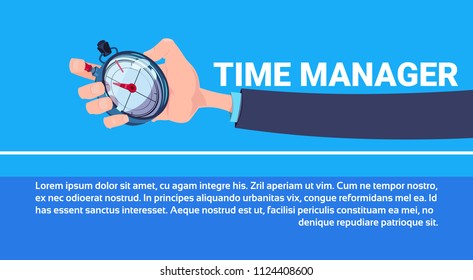 human hand hold stopwatch time manager chronometer timer concept flat copy space horizontal vector illustration