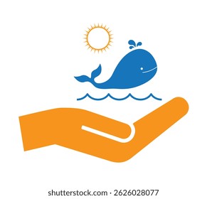 mão humana segurar e apoiar baleia nadar em ondas do mar ícone