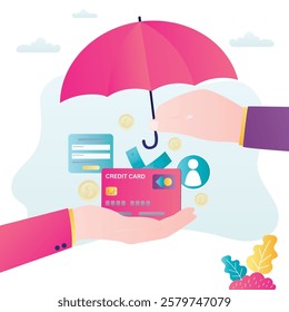 Human hand hold umbrella and cover credit card, financial account. Safe income. Money management, business account under protection, concept. Investments, business security, insurance. flat vector