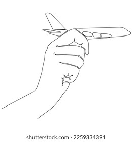 
Human hand holding airplane continuous line art illustration. One line travel concept. Vector isolated on white.