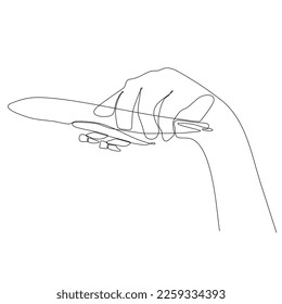 
Handheld, der ein Flugzeug mit kontinuierlicher Linie hält Kunstgrafik. Ein Reisekonzept. Vektorgrafik einzeln auf Weiß.