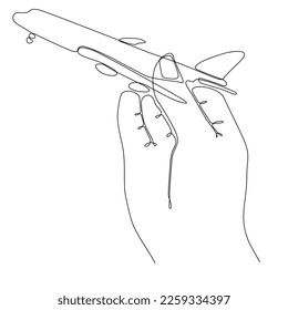
Handheld, der ein Flugzeug mit kontinuierlicher Linie hält Kunstgrafik. Ein Reisekonzept. Vektorgrafik einzeln auf Weiß.