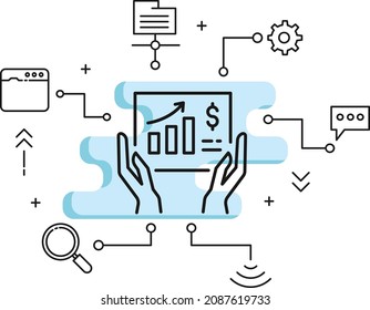 Human Hand Holding Analytical Report Concept, website traffic stats vector icon design, Cloud computing and Internet hosting services Symbol,