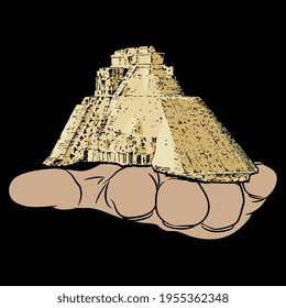 Human hand holding ancient Mexican Pyramid of the Sun in Teotihuacan. Pre Columbian Aztec architecture. Creative concept.