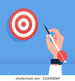 human hand holding arrow hit target dartboard successful goal concept flat vector illustration