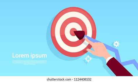 human hand holding arrow target point finger in center of dartboard copy space flat vector illustration