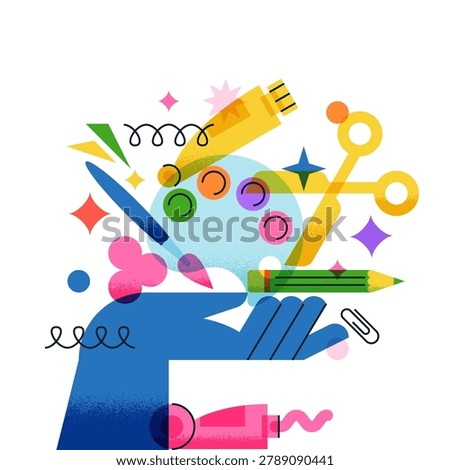 Human hand holding art supplies. Watercolor palette, brush, pencil, scissors, paint tubes vector flat geometric illustration. Creative concept for art, design, education, crafting and artistic projects