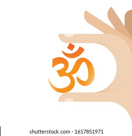 Human hand holding Aum or Om religious symbol. Concepts: Religion (hindusim, buddhism) symbols, spirituality, meditation etc. In Hinduism, it signifies the sound incarnation of God and chanted