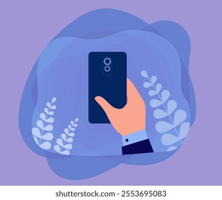 Human hand holding back side of mobile phone with rear camera. Backside view of male office workers arm using smartphone app flat vector illustration. Cellular communication, technology concept