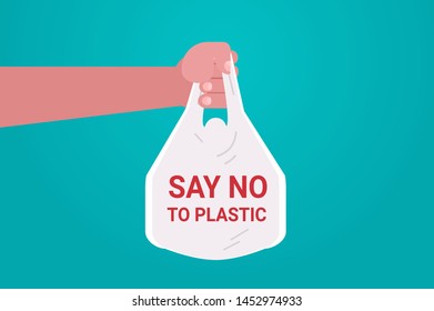 human hand holding bag say no plastic pollution recycling ecology problem save the earth concept flat horizontal