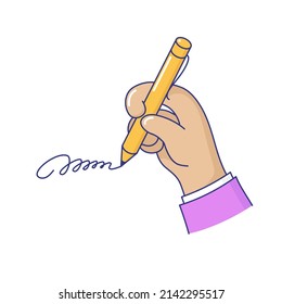 Human hand holding ball pen and writing signature. Businessman hand writing on paper, signing of business contract cartoon vector illustration isolated white background