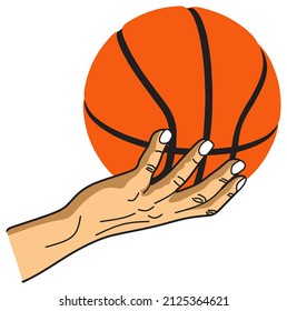 human hand holding basketball vector drawing isolated white background sport logo sign flat design concept something ball drawn object illustration cartoon sticker icon player hoop net basket action