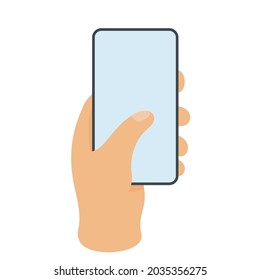 Human hand holding bezel-less smartphone. Isolated hand with phone. Blank screen. Vector illustration