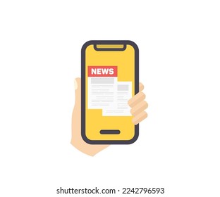 Human hand holding bezel-less smartphone, mobile news application in smartphone logo design. Browsing latest articles. Newspaper checking business news from smartphone vector design and illustration.