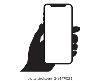 Human hand holding bezel-less smartphone silhouette icon,  mobile cellular phone flat vector illustration