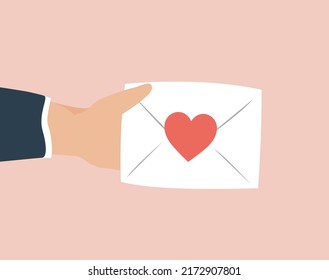 Human hand holding a big paper envelope with a red heart as a sign of love in valentine's day. Concept of confession of love, philanthropy, charity and donation. Vector illustration