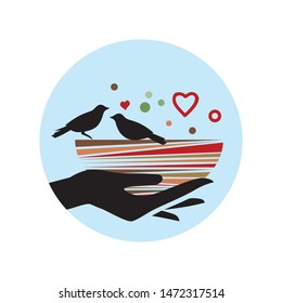 human hand holding birds nest, vector 