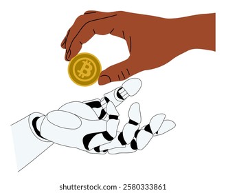 Human hand holding bitcoin gold coin and putting it to robotic arm. Cryptocurrency change concept. Colorful flat vector illustration isolated on white background