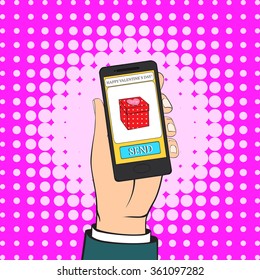 Human hand holding a black mobile phone with gift icon on the screen. Vector illustration. Valentine`s day background in retro style.