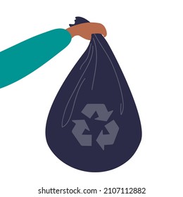 Human hand holding black plastic trash bag full of garbage. Garbage recycling and utilization. Bin plastic bag for disposal garbage. Colored flat cartoon vector illustration isolated