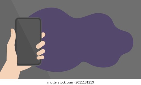 Human hand holding a black smartphone on Gray background. Empty dark color display mockup vector illustration. Template for using 
 Mobile phone,  having trouble with a smart phone image. 