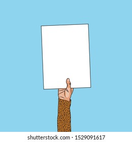 Human hand holding a blank paper sign. Empty card frame for advertisement promotion or a message vector illustration.