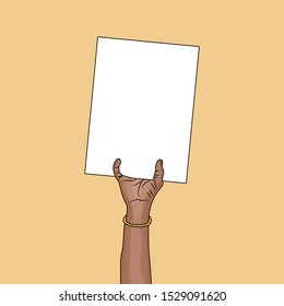 Human hand holding a blank paper sign. Empty card frame for advertisement promotion or a message vector illustration.