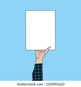 Human hand holding a blank paper sign. Empty card frame for advertisement promotion or a message vector illustration.