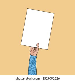 Human hand holding a blank paper sign. Empty card frame for advertisement promotion or a message vector illustration.