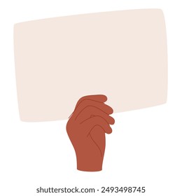 Human hand holding blank paper. Arm presenting clean clear card background. Space for advertisement on placard, horizontal board, advertising banner. Flat vector illustration isolated.