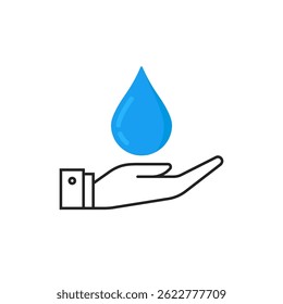 human hand holding blue drop like pure water. simple outline trend modern abstract spa serenity logotype graphic design element isolated on white. concept of nature or ecology pictogram and raindrop