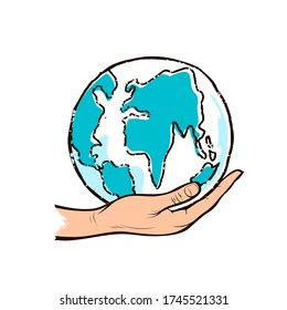Mano humana que sostiene el diseño del dibujo del globo azul aislado en fondo blanco, ilustración vectorial