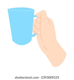 mano humana sosteniendo una taza azul. concepto de bebida, equipamiento de cocina. fondo blanco aislado. ilustración vectorial plana.