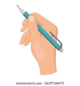 Human hand holding a blue pen in a writing position, flat graphic style on white background. Concept of writing, drawing, education. Vector illustration