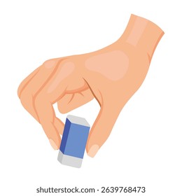 Human hand holding a blue and white eraser between fingers, flat cartoon style on white background. Concept of correction and stationery use. Vector illustration