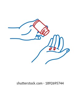 Human hand holding bottle with medications. Healthcare concept. Hand drawn vector illustration.