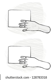 human hand holding bottom of white blank piece of paper monochrome and black and white vector illustration