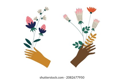 Human Hand Holding Bouquet or Bunch of Blooming Flowers Vector Set