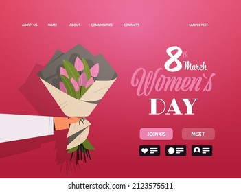 human hand holding bouquet of tulip flowers 8 march happy womens day celebration concept