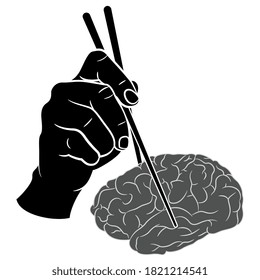 Human hand holding human brain with two chopsticks. Monochrome silhouette. Creative concept. Stealing ideas.