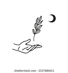 Human hand holding a branch, outline boho vector illustration
