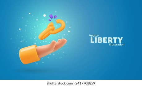 Human hand holding breaking chain freedom liberty symbol vector illustration. Weakness chain link. Unsafety, danger, error internet connection concept.