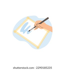 Pincel de mano humana con pintura azul sobre el estilo plano de papel, ilustración vectorial aislada en fondo blanco. Artista, proceso creativo, elemento de diseño