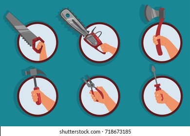 Human hand holding building and repair tool: saw, chainsaw, axe, hammer, pliers and screwdriver. Vector set of flat icons isolated on background.